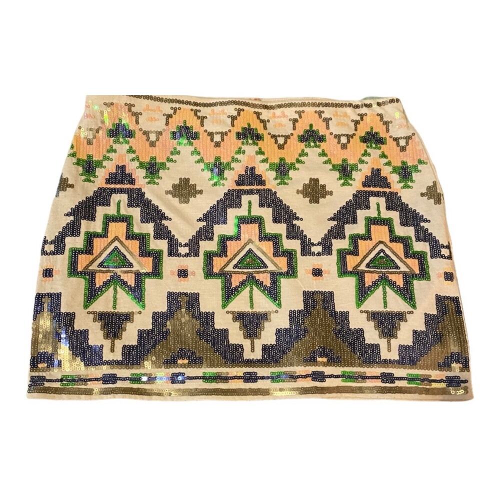 Lovemark Sequin Beaded Mini Skirt Womens XS Southwestern Aztec Festival